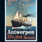 "Red Star Linie" und "Antwerpen New York Philadelphia". Ein historisches Schiff mit Segeln und Schornstein im Meer.