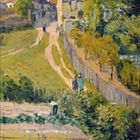 "10 2021", Kalenderdarstellung. Landschaftsgemälde: Weg durch Dorf, Bäume und Felder bei bewölktem Himmel.