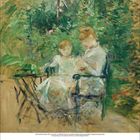 Oktober 2017. Impressionistisches Gemälde: Frau und Kind in einem Garten, umgeben von grüner Vegetation.