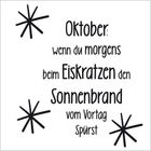 Text: "Oktober: wenn du morgens beim Eiskratzen den Sonnenbrand vom Vortag spürst." Illustrationen von Sternen.