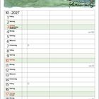 Kalender für Oktober 2027. Oben Illustration: Zwei Tiere auf einer Bank. Sprechblase: "Schatz, wir streiten uns zu oft..."