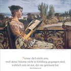 "Nenne dich nicht arm, weil deine Träume nicht in Erfüllung gegangen sind; wirklich arm ist nur, der nie geträumt hat." Juli 20-27. Illustration: Frau auf Balkon, lesend, mit Landschaft im Hintergrund.