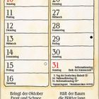 "Ein Oktoberhimmel voller Stern’ hat warme Öfen gern." Kalender mit Sprüchen, Illustration von Menschen bei der Weinlese.