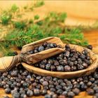 Keine Texte sichtbar. Wacholderbeeren in einer Holzschale mit Schaufel, im Hintergrund grüne Zweige auf Holztisch.