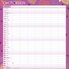 Kalender für Oktober 2027, lila Hintergrund mit Herzen oben, Wochentage und Notizbereich unten.