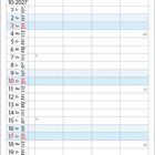 10-2027 Kalender, Tage und Wochenzahlen, Küstenstadt bei Dämmerung, farbenfrohe Häuser und blaues Meer, blühende Pflanzen.