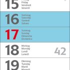 Kalender: Zahlen von 1 bis 31, Wochentage in mehreren Sprachen. 3: Tag der Deutschen Einheit. Oktober 2027.