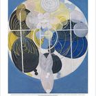 Gemälde mit spiralförmigen und kreisförmigen Elementen in Blau, Gelb und Schwarz. Darunter ist der Oktober-Kalender zu sehen.