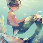 Oktober 2021; Junge Meerjungfrau mit Katzenohren, schwimmend im Wasser, umgeben von Pflanzen und Fischen.