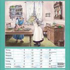 "Oktober. Rezept: Ofenforellen mit buntem Gemüse. Kalender zeigt Tage und wichtige Feiertage. Illustration im alten Küchenstil."