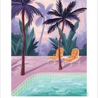 10 2023. Zwei Liegestühle, Palmen, Pool, im Hintergrund lila und grüne Pflanzen. Licht im Abenddämmerung. Illustration.