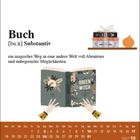 "Buch [buːx] Substantiv. Ein Weg in eine Welt voller Abenteuer." Eine Illustration mit Büchern und einem Kalender.