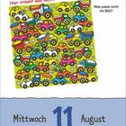 "Hier stimmt was nicht! Was passt nicht ins Bild?" Illustration mit vielen bunten Fahrzeugen. Unten steht: "Mittwoch, 11 August."