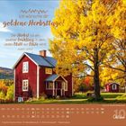 "Ich wünsche dir goldene Herbsttage!" Zitat von Albert Camus. Kalender für Oktober mit rotem Haus und leuchtenden Herbstbäumen.