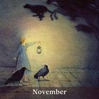 Kalender: November. Illustration: Mädchen mit Laterne, beleuchtet Raben und Schattenreitern.
