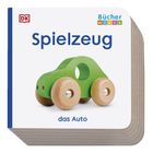 Text: "Spielzeug", "das Auto", "Bücher minis". Grünes Holzspielzeugauto mit runden Holzwellen. Cover eines Kinderbuches.