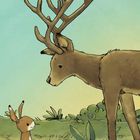 Eine Illustration zeigt einen Hirsch mit großen Geweih, ein Kaninchen und einen Igel in einer grünen Landschaft.