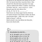 Text erzählt eine Geschichte über eine sprechende Muschel, die ein Rätsel stellt. Unten sind Optionen zur Auswahl.