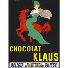 Text: "CHOCOLAT KLAUS", "DELECTA", "LE SUPRÊME DU GENRE CHOCOLAT SUISSE". Illustration: Frau auf rotem Pferd.