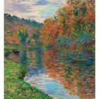 Oktoberkalender mit impressionistischem Gemälde von buntem Herbstlaub an einem Flussufer.