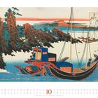 Kalenderseite mit Oktober- und Septembertagen. Japanische Holzschnitt-Illustration mit Booten und Küstenlandschaft.