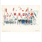 Illustration eines belebten Stadtplatzes mit vielen bunten Punkten und Linien. Unten Kalenderabschnitt für Oktober.