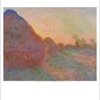 Bemerkung: "Oktober", Gemälde mit Heuhaufen in sanften, warmen Farbtönen; untergehende Sonne im Hintergrund.