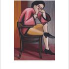 Künstler: Gabriele Münter. Titel: Sitzende, 1930. Eine Person sitzt mit verschränkten Armen auf einem Stuhl.