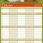 Oktober 2027 Kalender mit einer süßen Katze neben einem Basketball auf grünem Gras und bunten Blumen im Hintergrund.