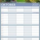 Im Oktober 2027 Kalenderbild, blauer Pavillon in einem herbstlichen Garten mit buntem Laub und Ziergräsern.