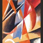 Oktober und eine Kalenderansicht mit den Daten. Eine Illustration mit abstrakten Formen in Rot, Blau und Orange.