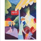 Ein rotes Schild mit der Aufschrift "MODE" hängt an einem gelb-weiß gestreiften Sonnendach nahe abstrakter Figuren.