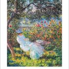 Kalenderblatt Oktober. Gemälde: Eine Frau im weißen Kleid sitzt lesend im blühenden Garten, Bäume spenden Schatten.