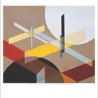 "Oktober" steht unten, Kalenderstruktur. Oben abstrakte Komposition: Überlagernde bunte Balken und Kreise.