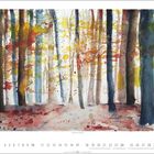 "Leuchtender Herbstwald." Kalender mit Bäumen in leuchtenden Farben von Gelb, Rot und Blau.