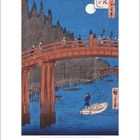 Kalenderblatt für Oktober 2027. Klassische Illustration: Menschen auf einer roten Brücke, Boot mit Ruderer im Wasser darunter.