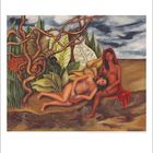 Das Gemälde zeigt zwei sitzende Frauen in einer Naturkulisse mit Pflanzen und drohendem Himmel.