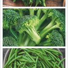 Text: "Oktober"

Beschreibung: Drei Fotos von frischem Gemüse. Oben Rübstiel, in der Mitte Brokkoli, unten grüne Bohnen.