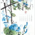 Kalender mit Datum im Oktober: 10, Monatstage von Montag bis Sonntag. Illustration mit blauen Blumen und grünen Blättern.