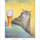 Ein Gedicht über Katzenjammer und eine Illustration mit einer Katze neben einem Bierglas. Unten Kalenderblatt für Oktober.