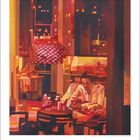 "10, 1 bis 31, fett am 3., 9., 10., 23., 24. Kalendertage unten. Malerei von Menschen in einem warm erleuchteten Café."