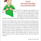 „Au ja! Auf einem großen Kreuzfahrtschiff!“ Ein Junge mit roter Kappe und grünem Pullover steht links. Illustration.