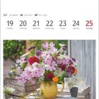 Kalendertage vom 19. bis 25. Juli, ein großer bunter Blumenstrauß in gelber Vase auf Holztisch.