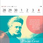Kalender: Juni/Juli, Woche 26, mit Zitat von Marie Curie über Ausdauer und Selbstvertrauen in pastellfarbenem Design.