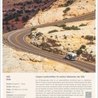 USA, Utah, Highway 12, 130 Meilen, 4 Stunden, Camping-Info. Panoramastraße mit Wohnmobil und Canyons im Hintergrund.