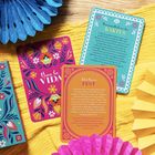 Drei dekorative Karten mit den Texten "Viva la Vida", "Unverwüstlich wie der Kaktus" und "Jeder Tag ein Fest". Bunte Blumenmuster.