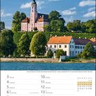 Schloss Maurach und Basilika Birnau. Kalenderseite für Mai 2027. Oberhalb des Bodensees steht ein prachtvolles, rosafarbenes Schloss.