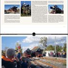 Zwei schwarze Dampflokomotiven stehen nebeneinander auf Bahngleisen. Viele Menschen fotografieren die Loks am sonnigen Tag.