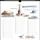 "Konstanz", darunter eine Kalenderübersicht für Oktober. Illustration von Gebäuden, der Imperia-Statue, Booten und einer Möwe.