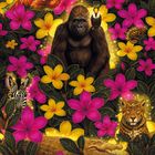 "Joker: Visionssuche. Hellsinne aktivieren. Ich bin das Orakel." 
Bunte Blumen mit Gorillas, Flamingo, Zebra, Jaguar und Krokodil.